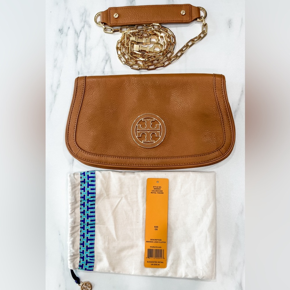 Tory Burch Amanda Logo Clutch Gold Chain • Royal Tan Leather • NWT